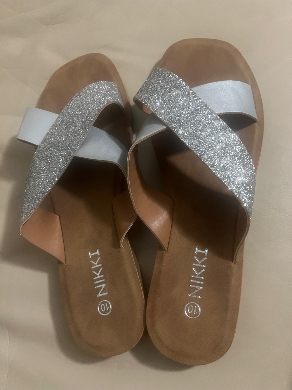 NIKKI Silver Glitter Cross-Strap Slide Sandals